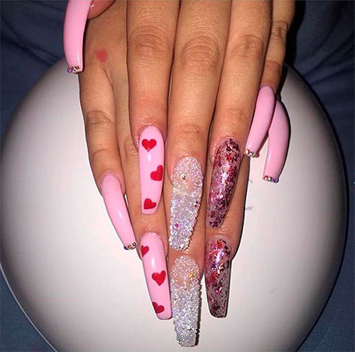 Beautiful Pink and Glitter Valentine’s Day Nails Coffin Shape 