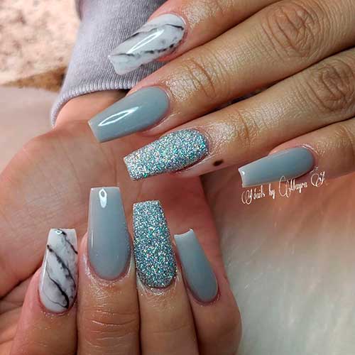 Beautiful gray coffin nails with glitter and marble nails! Beautiful gray coffin nails with glitter and marble nails!