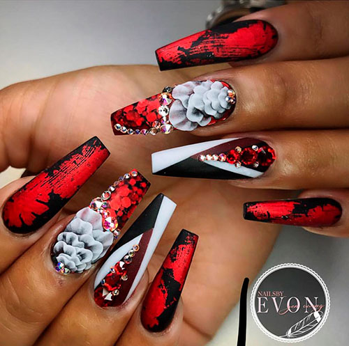 Cute Red, Black, and White Long Coffin Nails for Valentine's Day!