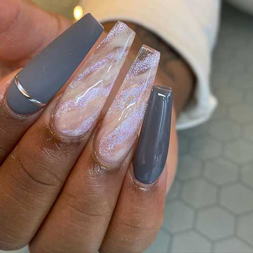 Cute gray coffin nails between matte and shiny styles with glitter nails!