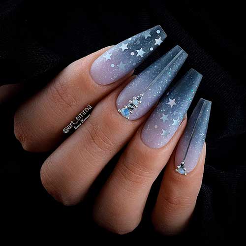 Grey Ombre Coffin Nails with Stars