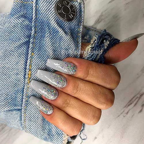 Cute grey coffin nails with glitter design!