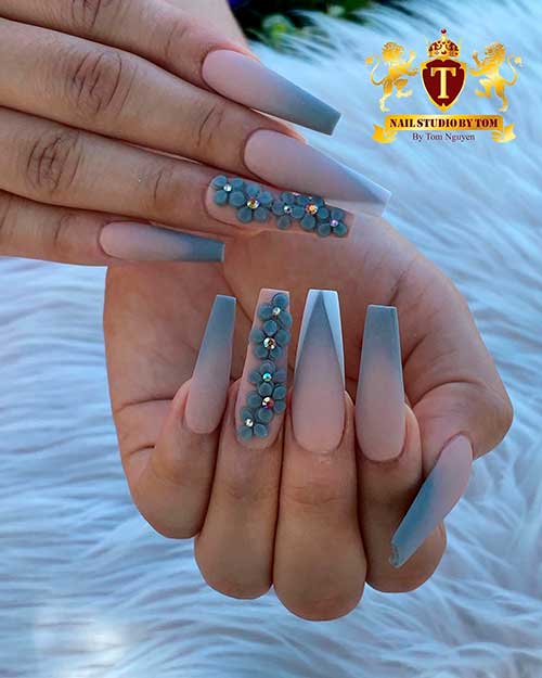 Cute grey ombre nails matte with 3d floral accent nail design!