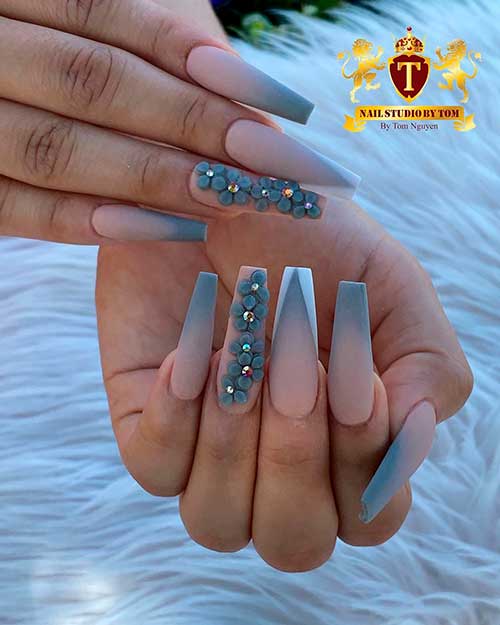 Cute grey ombre nails matte with 3d floral accent nail design! Cute grey ombre nails matte with 3d floral accent nail design!