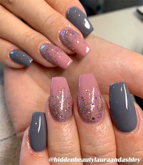 Cute pink and grey nails coffin shaped with glitter!