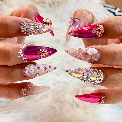 Cute pink chrome stiletto nails for valentine's day