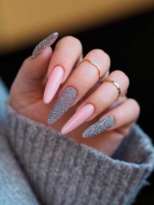 Glittery Gray and Pink Nails Long almond Glittery Gray and Pink Nails that can look good on everyone