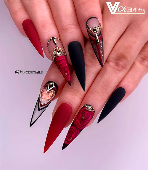 Gorgeous red, black, and sheer black stiletto nails for valentine's day!