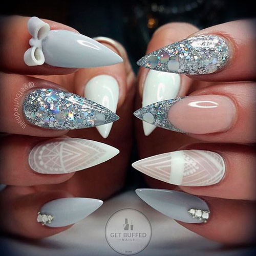 Light Grey Stiletto Nail Design with Glitter