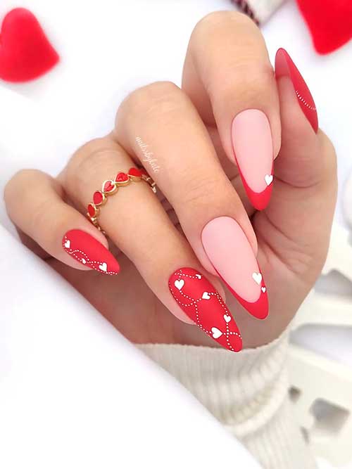 Long almond matte red valentine’s nails 2023 with two French accent nails and white hearts