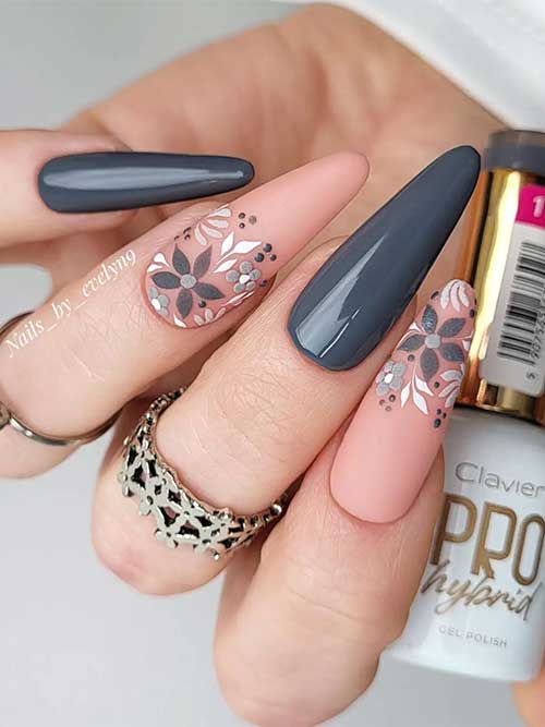 Dark Gray Spring Nails with Floral Nail Art Long almond-shaped dark gray spring nails 2023 with floral nail art on two accent nails