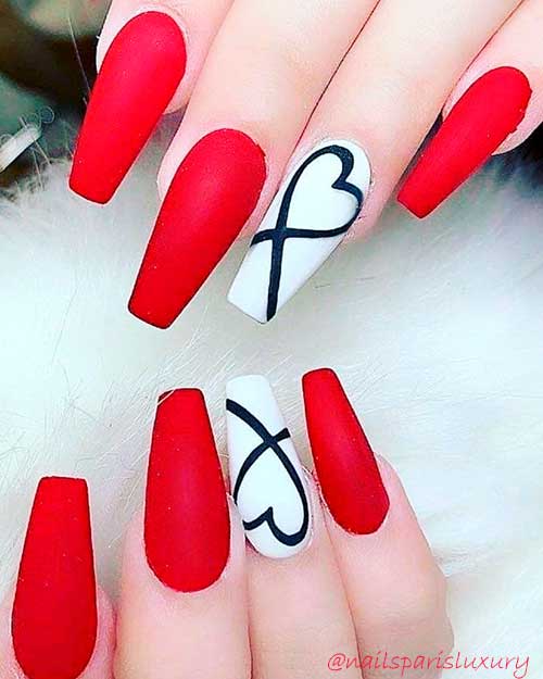 matte red valentines day nails coffin shape set with accent white coffin heart nail