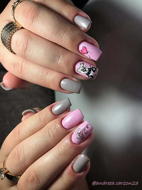 Pink and grey nails design for valentine's day with panda sticker on accent nail