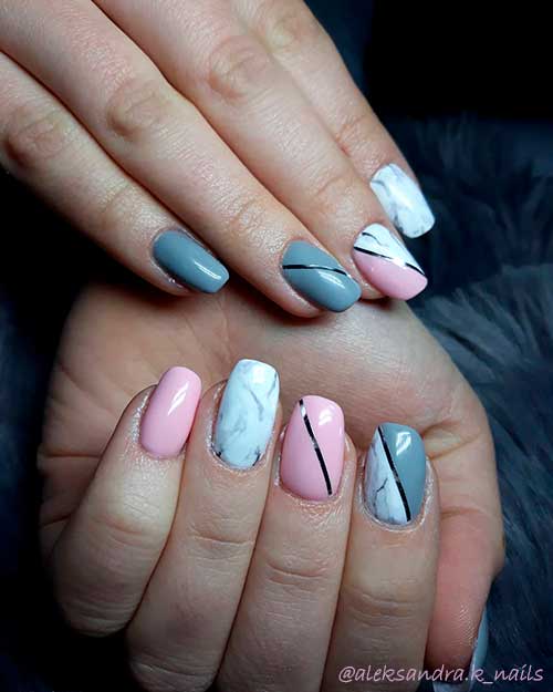 Pink and grey nails set with white marble nails