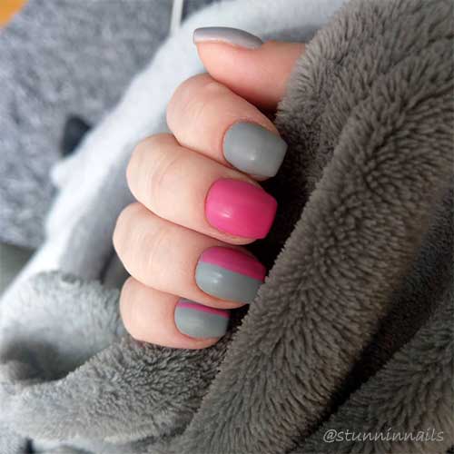 Short hot pink and grey nails design Short hot pink and grey nails design
