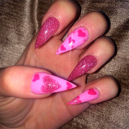 Stunning stiletto heart nail art design with glitter for valentine's day!