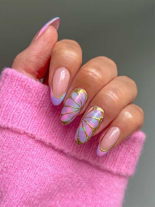 Almond shaped Colorful French tip nails with accent gold butterfly nails