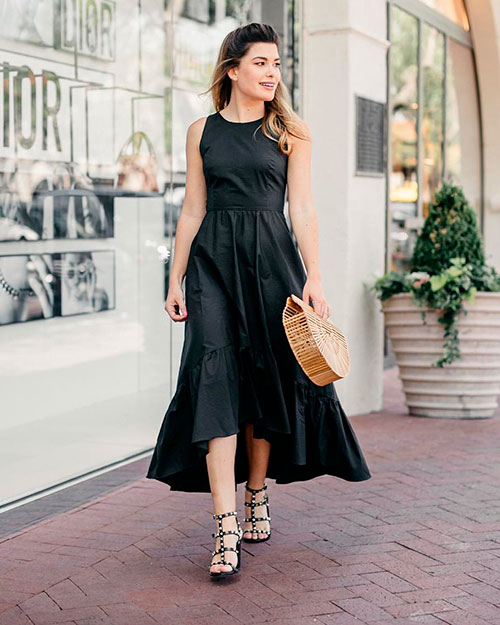 Black sleeveless Crew neckline poplin maxi dress with pretty studded black heels is a cute spring outfit