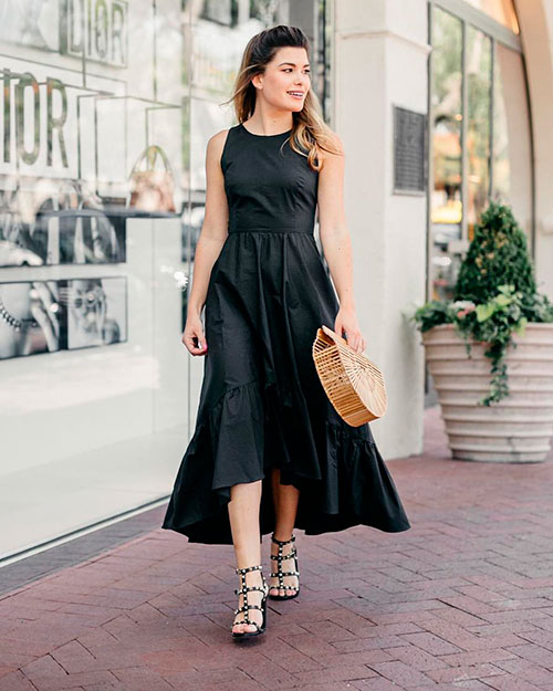 Black sleeveless Crew neckline poplin maxi dress Black sleeveless Crew neckline poplin maxi dress with pretty studded black heels is a cute spring outfit