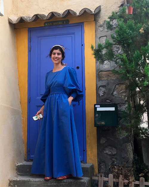 Blue long poplin dress with puff shoulders and long sleeves Blue long poplin dress with puff shoulders and long sleeves
