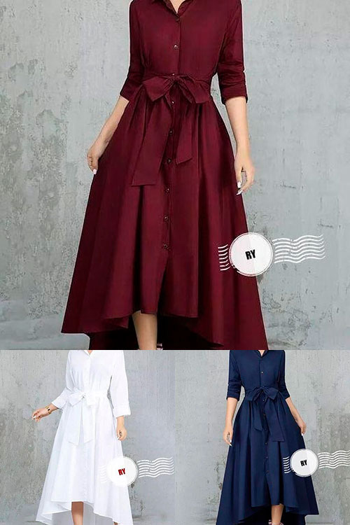 button-front tie waist poplin dress in white, maroon, and blue colors with long sleeves and pleats