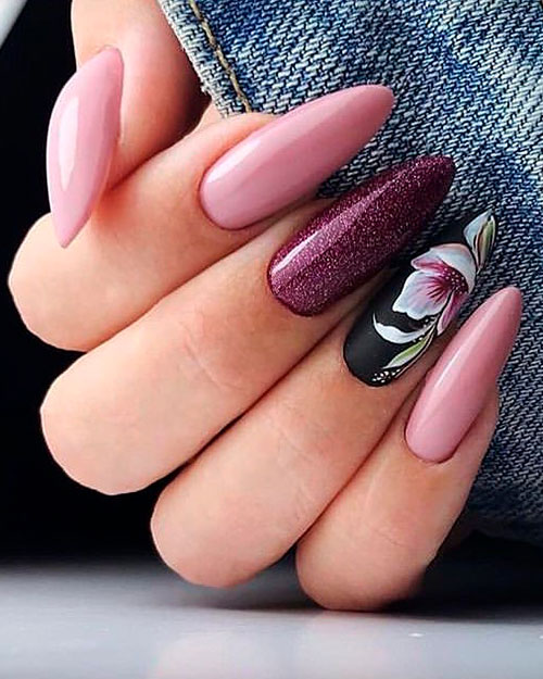 nude pink, glitter burgundy, and black matte floral nail on long almond-shaped spring color nails 2019