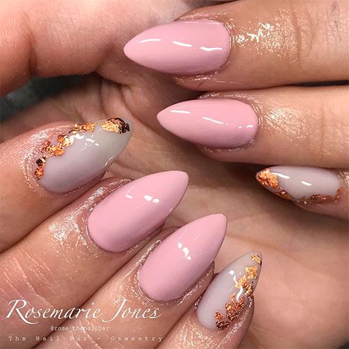 Cute baby pink nails with gold foil nail art on accent nude nail