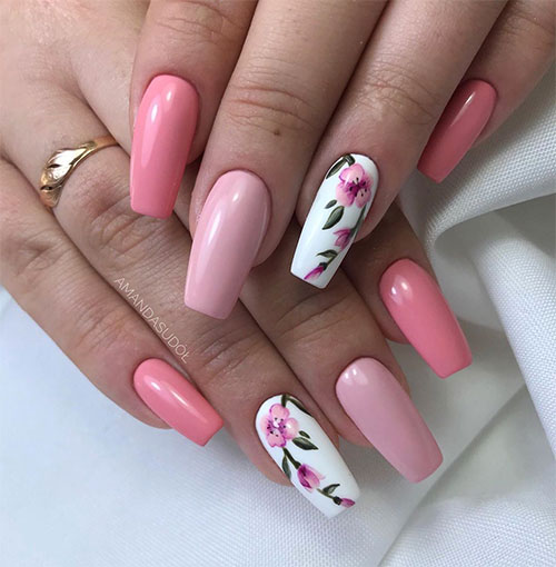 Cute coffin pink nails an accent coffin floral nail for spring 2019
