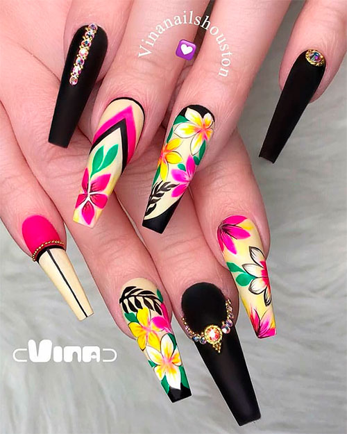 long coffin shaped spring acrylic nails black colored adorned with rhinestones and cute coffin floral nails for spring 2019