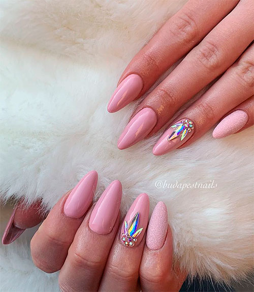 Cute long almond light pink nails nails with some crystals and sugar glitter, baby pink nails