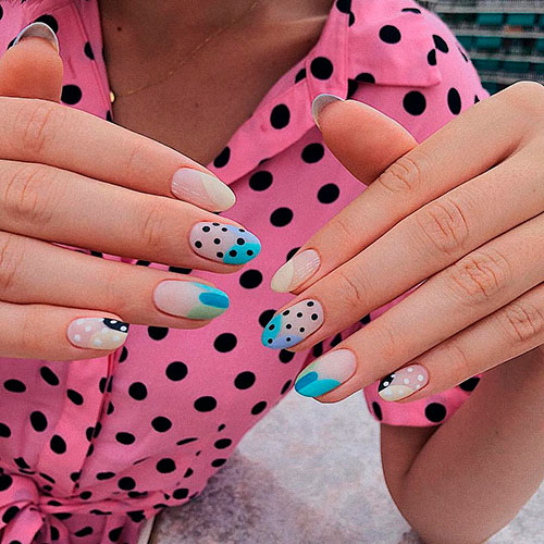 Cute nude short acrylic nails with black and white dots and colorful tips for spring 2019