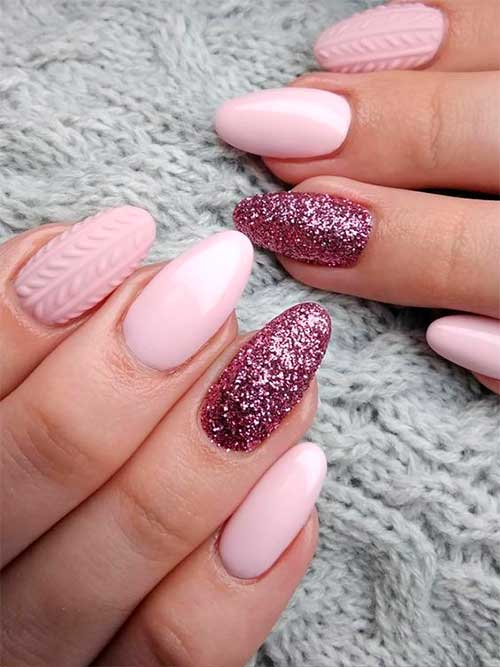 Gorgeous baby pink almond nails with an accent glitter nail!