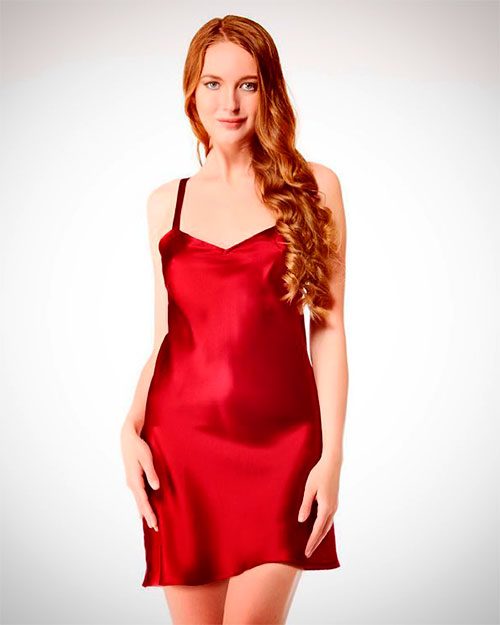 red satin slip dress on a white girl with light brown hair