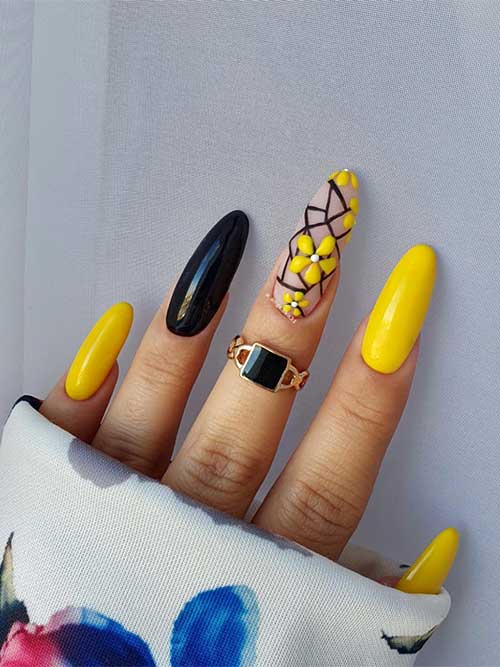 Long Almond Shaped Black And Yellow Nails with Flowers