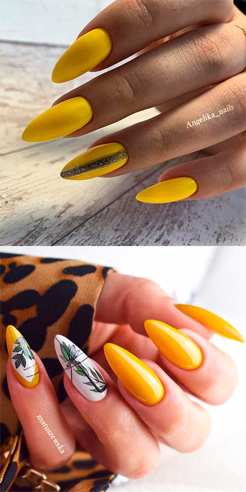 Cute yellow nail designs almond shaped that you will love to wear in summer time