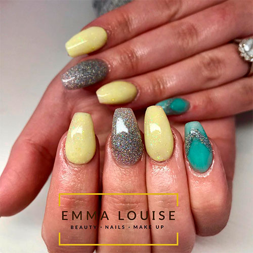 Cute yellow nails and amazing silver glitter nail and green nail adorned with silver glitter