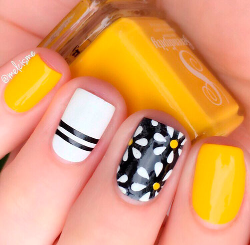 Fancy squoval summer yellow and black nails