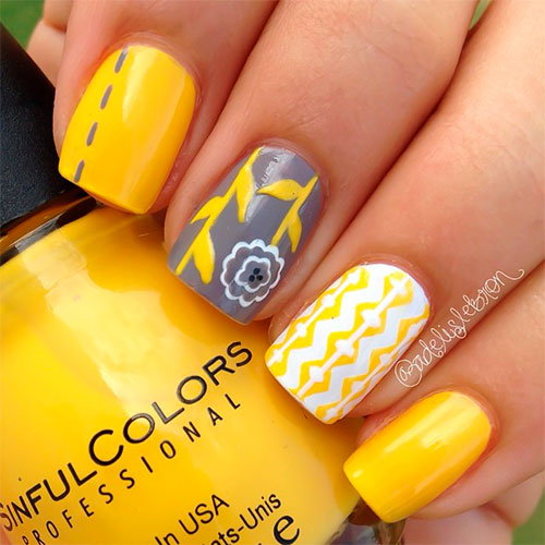 Perfect combo of yellow, grey, and white summer nails