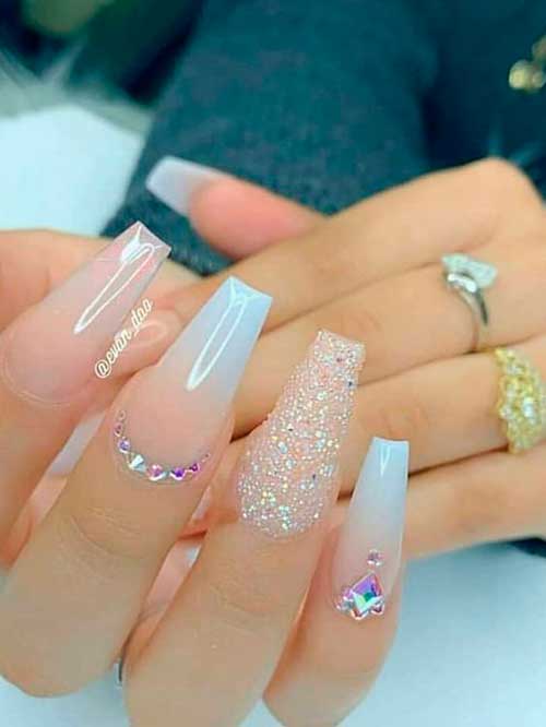 Amazing coffin shaped french ombre nails wit rhinestones and an accent glitter nail design! - how to ombre acrylic dip powder