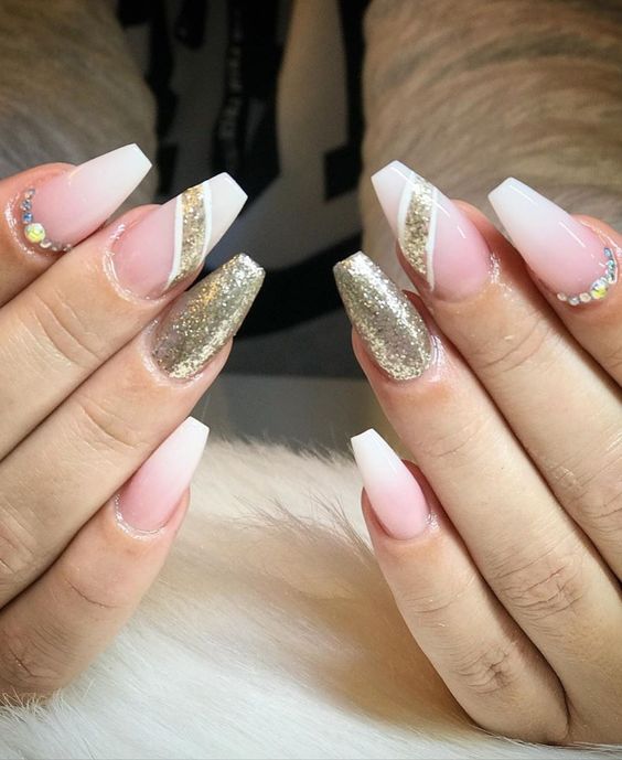 gold glitter ombre nails coffin shaped with gold glitter and rhinestones!