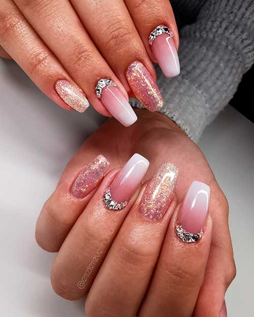 Beautiful French ombre dip nails coffin shaped with glitter nails and rhinestones! - ombre dip nail ideas