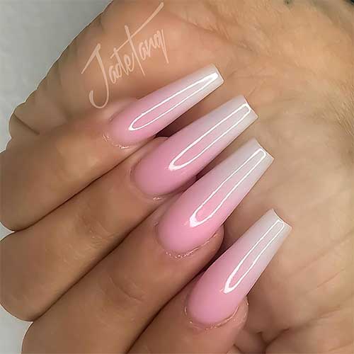 Shiny light pink ombre coffin nails, french ombre nails coffin!