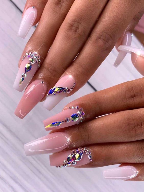 Magical French Ombre Dip Nails with Rhinestones.