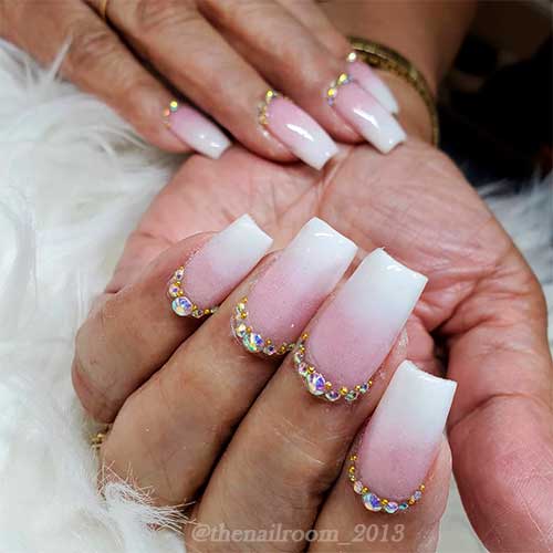 Pink and White Ombre Square Shaped Nails with Sparkly Rhinestones Pink and White Ombre Square Shaped Nails with Sparkly Rhinestones