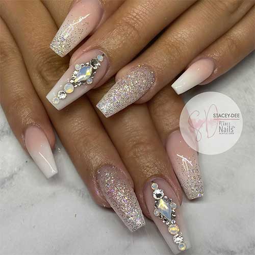 Stunning French Ombre Coffin Nails with Glitter and Gems