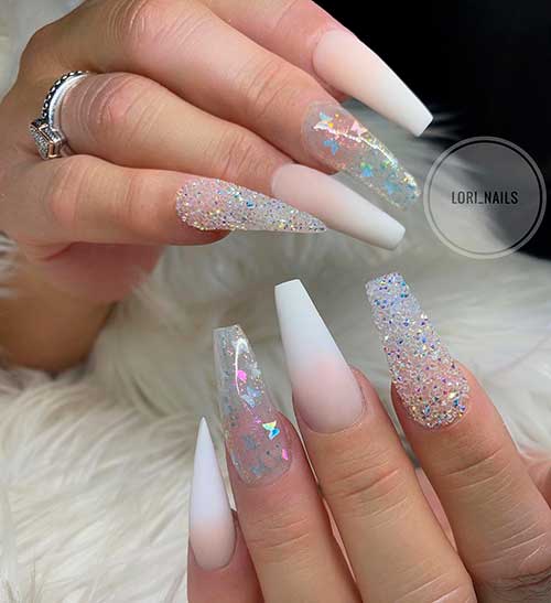 Matte French Ombre Coffin Nails with Clear Glitter Nails