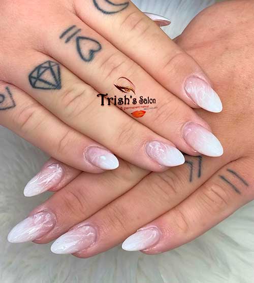 Medium Almond Shaped French Dip Ombre Nails with Marble Effects