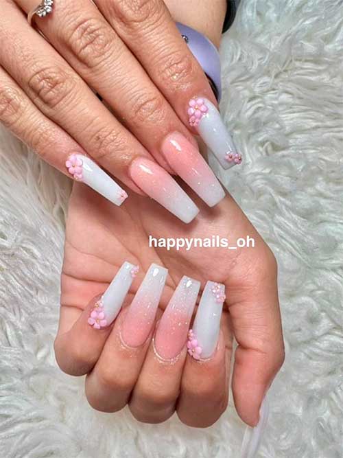 French Ombre Nails with 3D Flowers French Ombre Nails with Pink 3D Flowers and Glitter