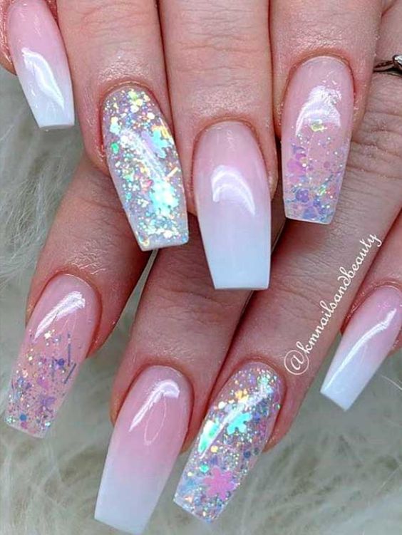 French ombre coffin nails with glitter.