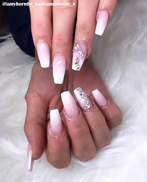 Cute French Ombre Nails with Rhinestones on Accent Nail